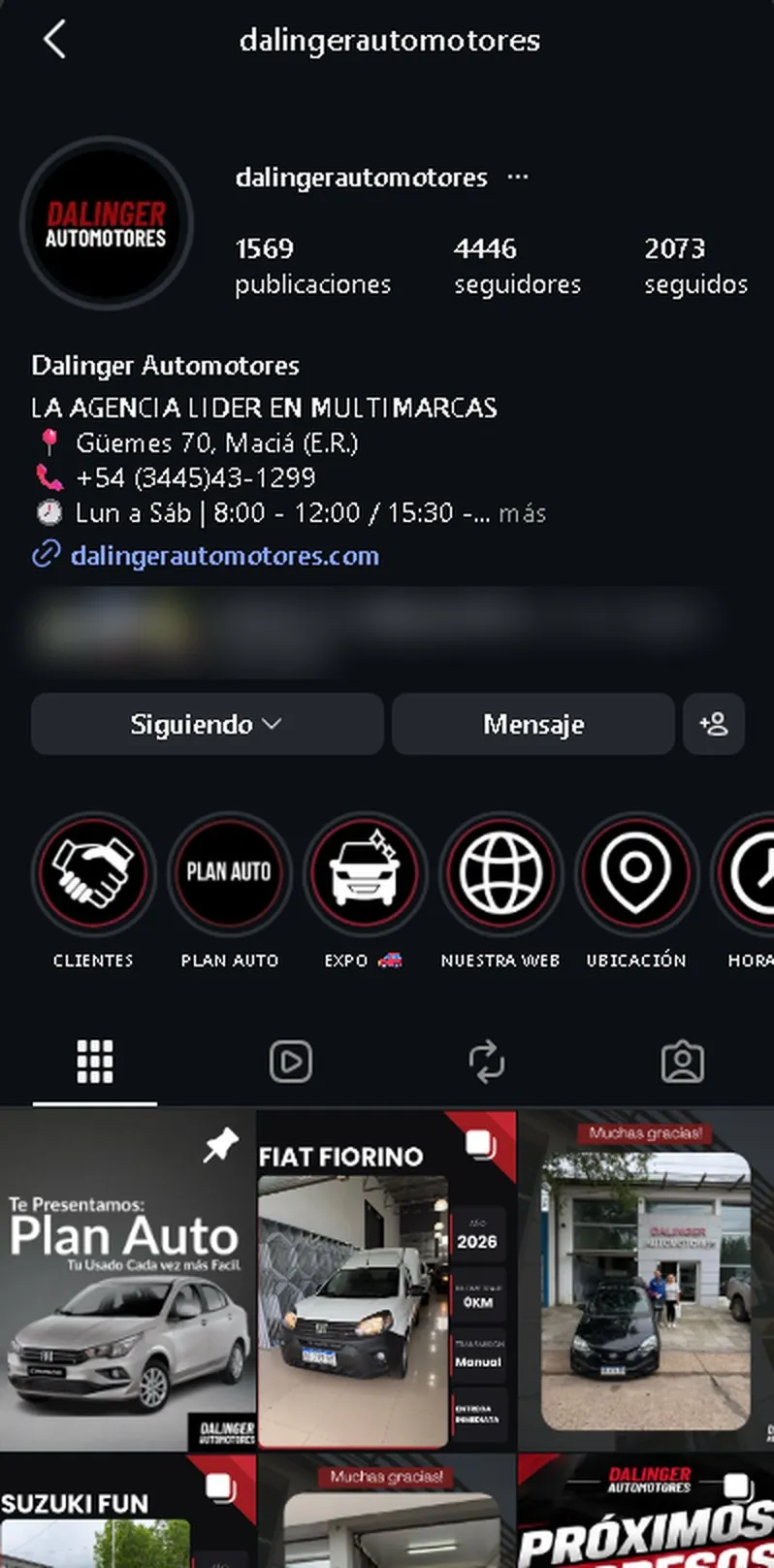 Perfil de Instagram de Dalinger Automotores