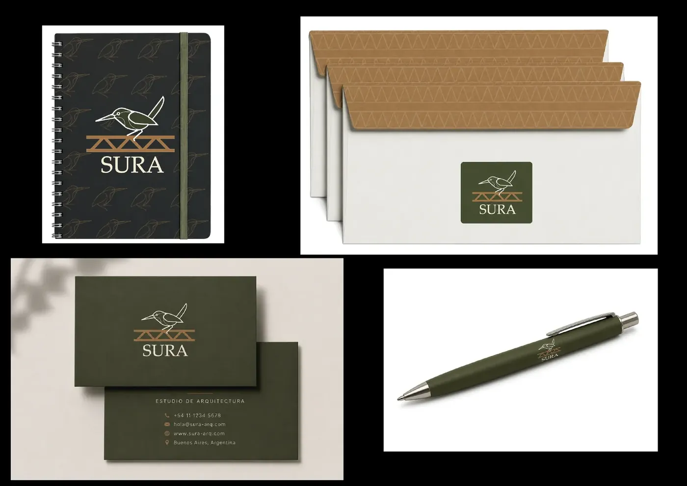 Cuaderno, sobres, tarjetas y lapicera